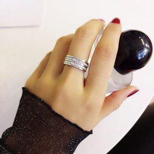 3/$35 Double Row Band Ring Silver Stainless Steel Diamond Crystal Cubic Zirconia